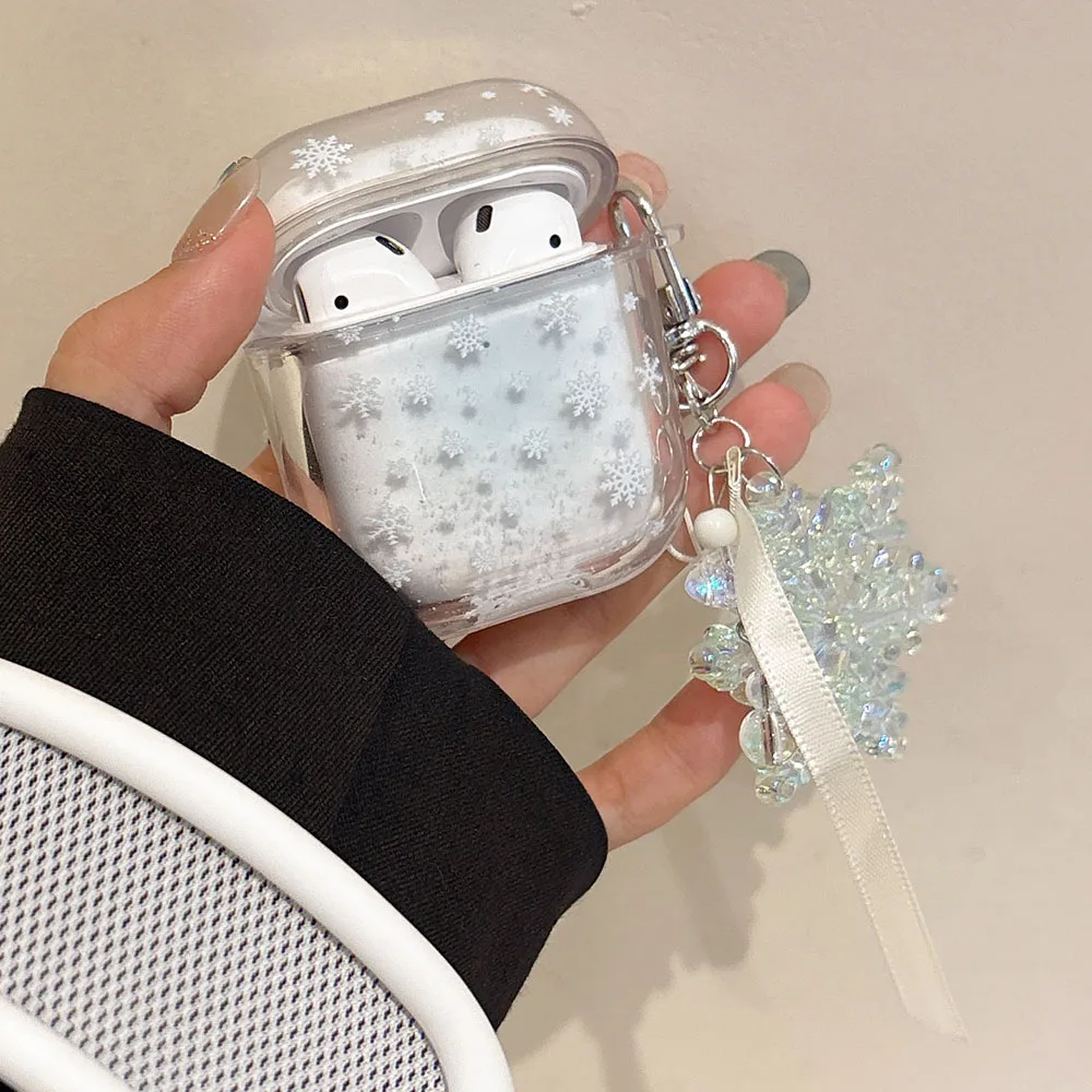 Dreamy Snowflake Quicksand Christmas Case For AirPods 4 ANC for Apple AirPods 1 2 3 Pro Pro2 Hard Earphone Cover with Keychain