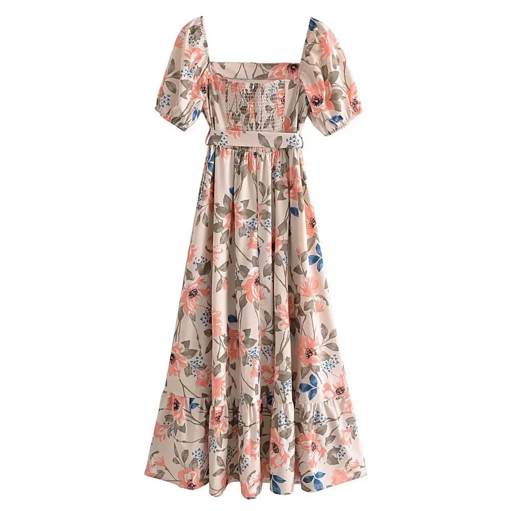 Summer  Off-the-Shoulder Strap Bubble Sleeved A-line Boho Long Dress with Bowknot