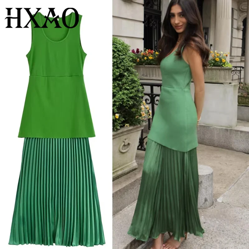 HXAO Knitted Long Dresses Woman 2025 Sleeveless Pleated Green Maxi Dress Summer Patchwork Vest Elegant Dresses For Women