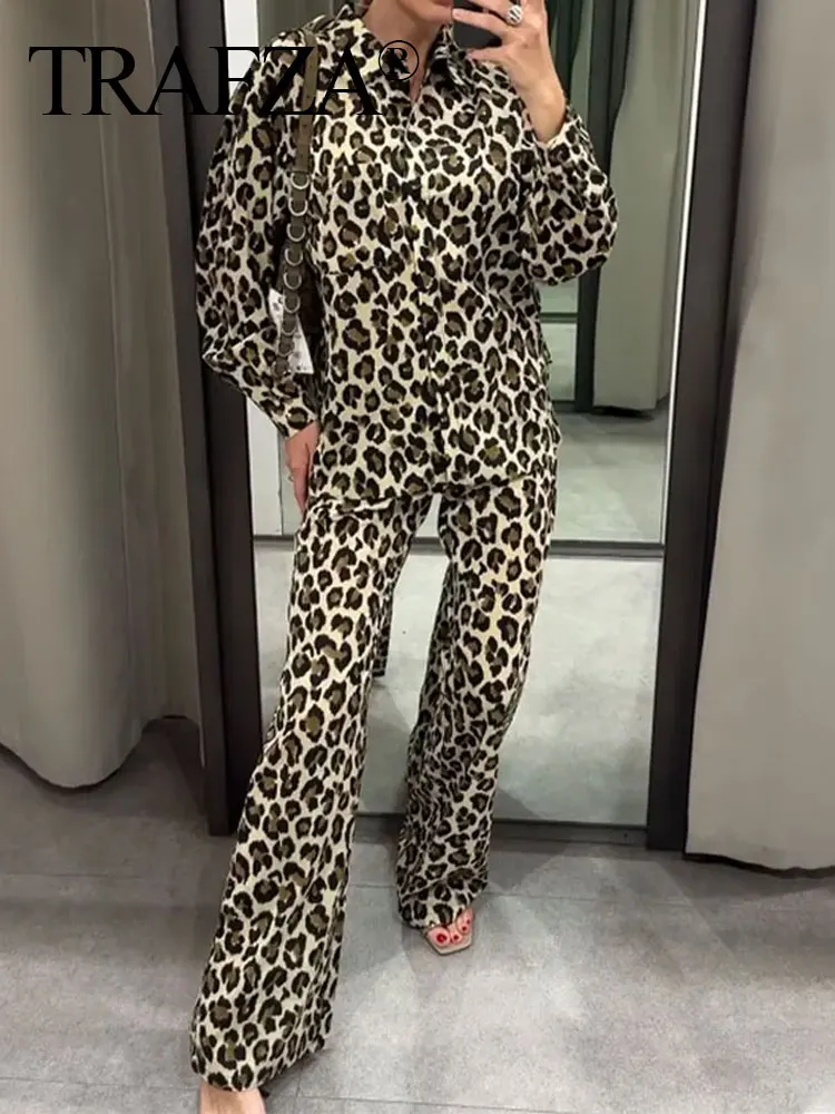 TRAFZA 2024 primavera nuova donna Leopard Print set maniche lunghe bottoni con risvolto camicia + vita alta Chic donna pantalone lungo Streetwear