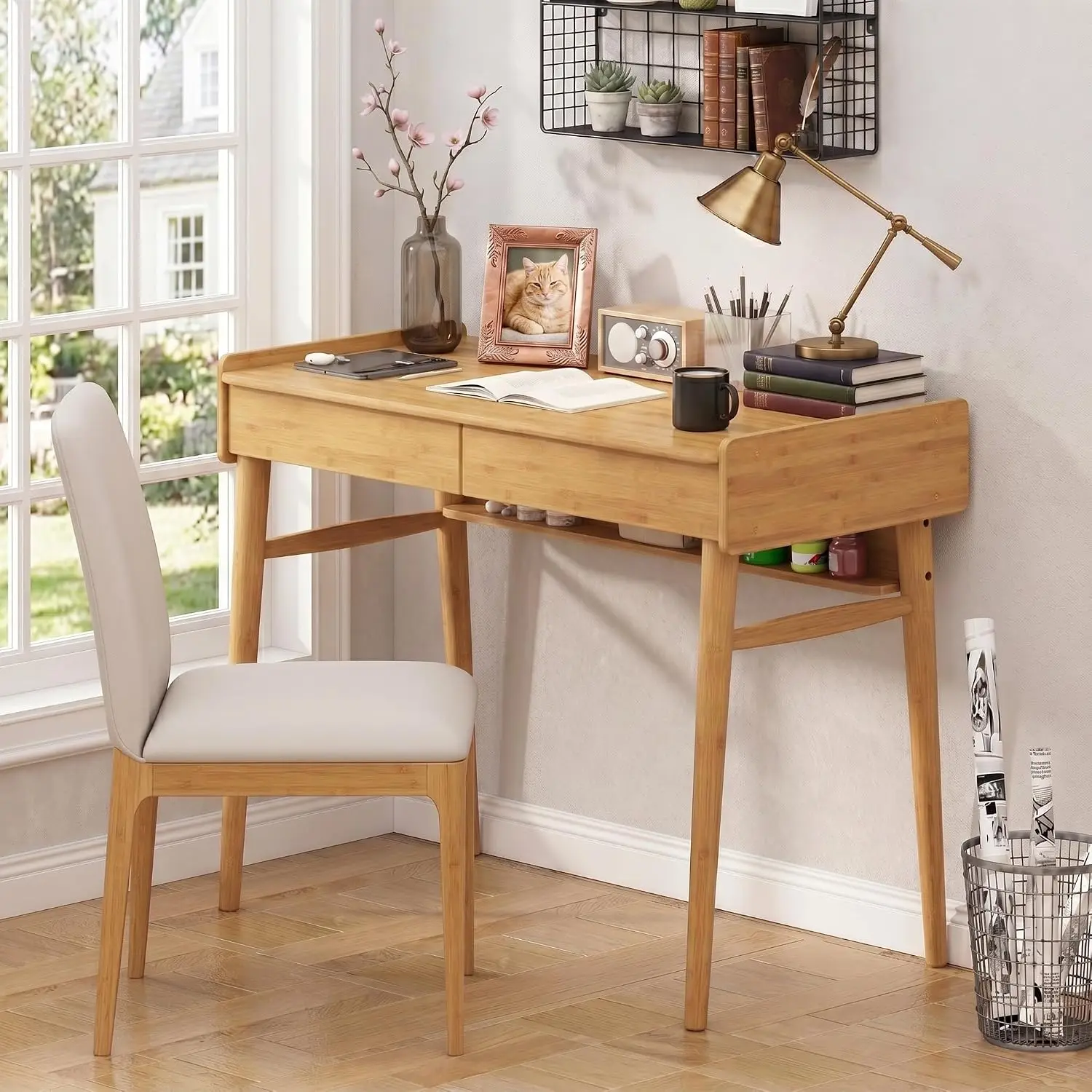 Bamboo Desk With 2 Drawers & Shelf, 39.5-Inch Office Computer Desk With Side Baffles & Cable Management, Customized