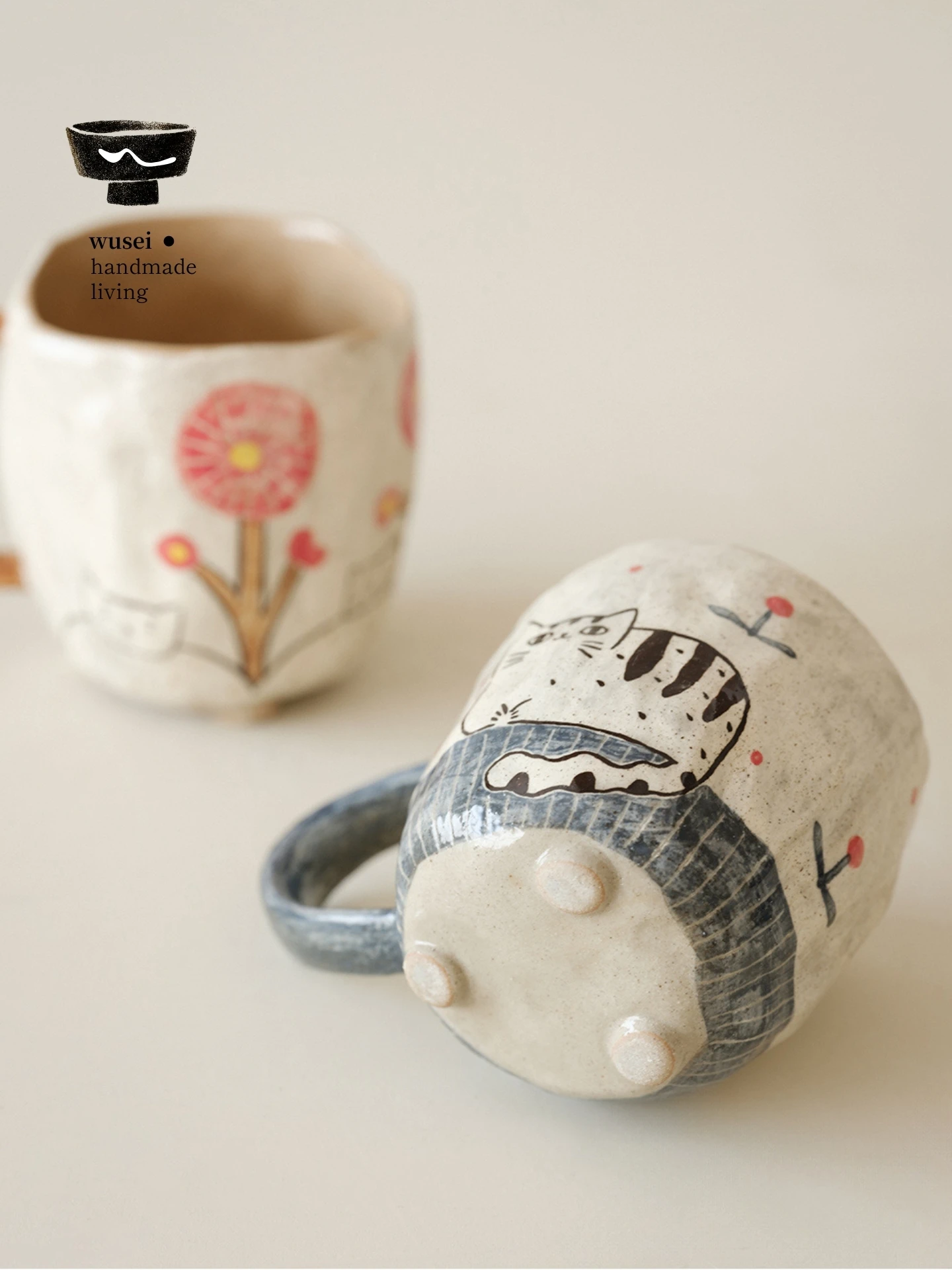 Wusei Hand-Painted  Milk Cup Ceramic Mug Home Office Coffee Cup Gift for Friends Healing Series Small Size Single Ear Handle