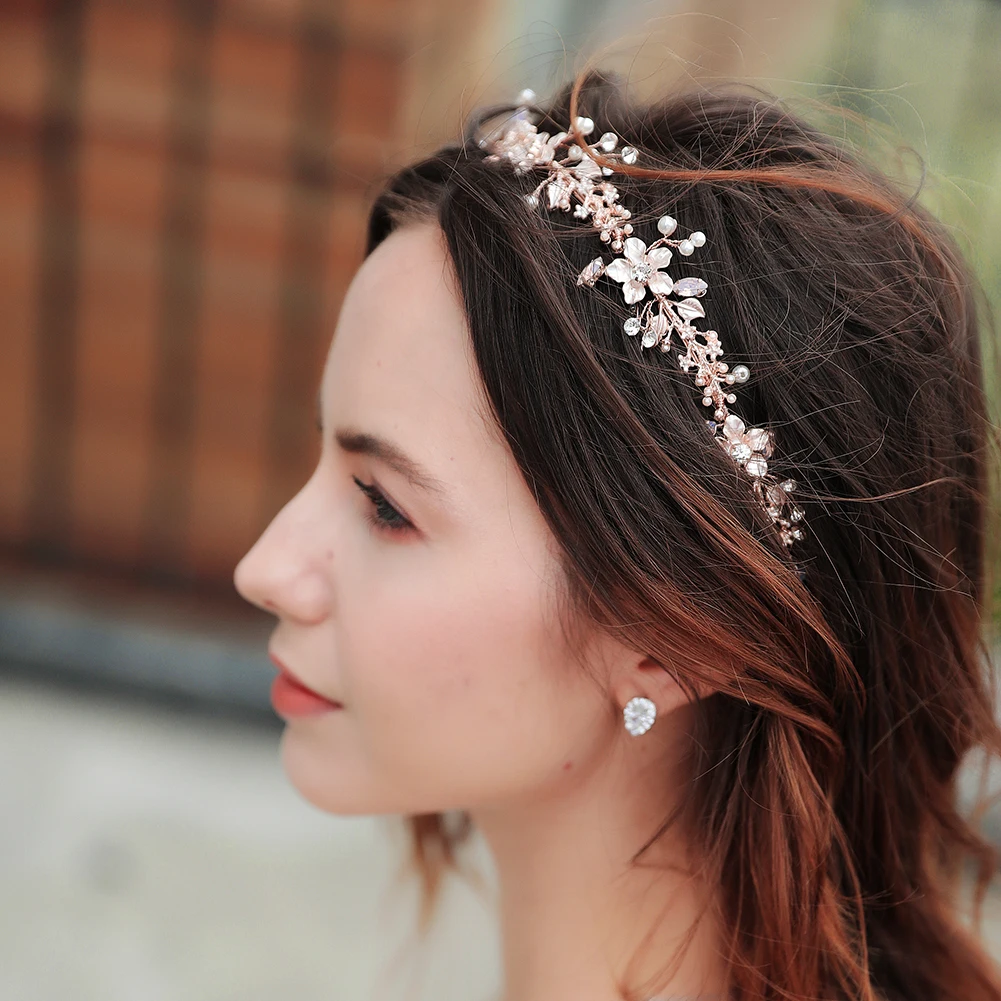 Prosta perłowa opaska do włosów dla nowożeńców w kolorze różowego złota Jelly Rhinestone Alloy Opaska na głowę Ślubne akcesoria do nakrycia głowy — zdjęcie 3