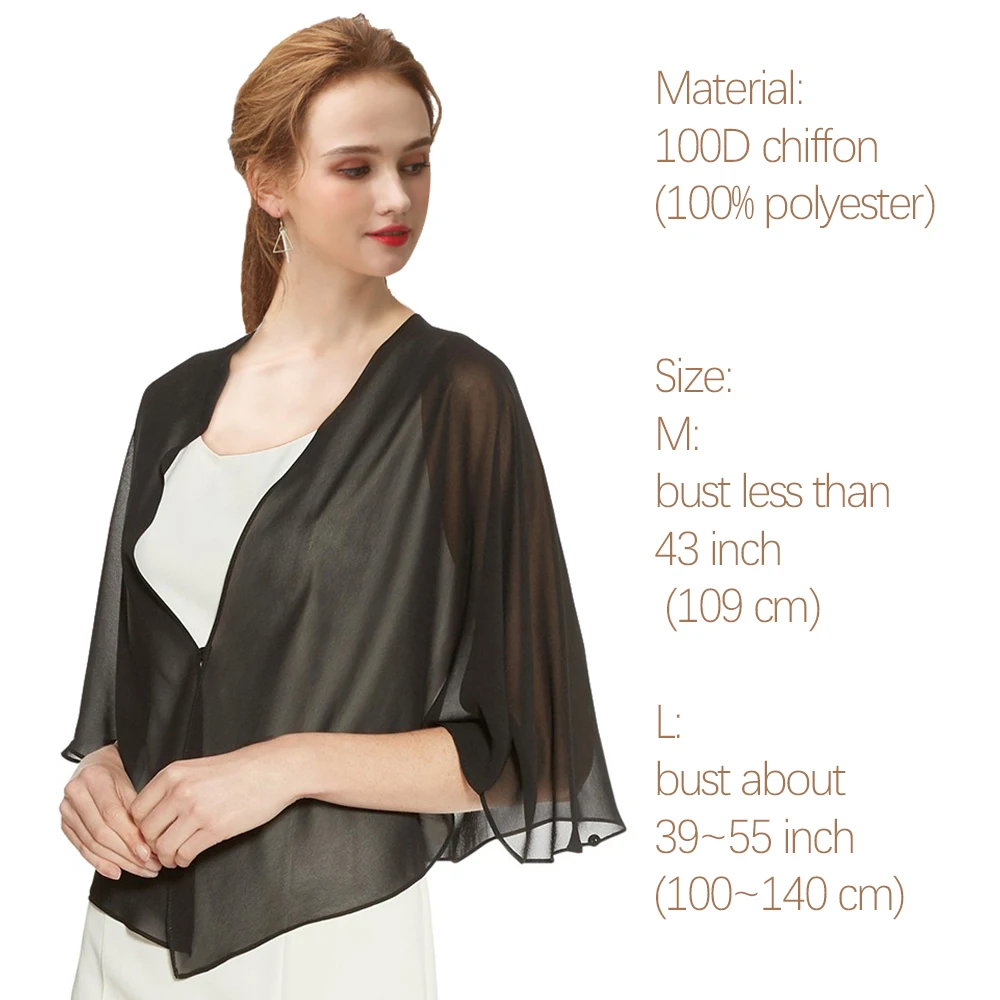 Women Black Chiffon Bolero Prom Party V-neck with Button Shrug Elegant Simple Soft Casual Cape for Lady Evening Dress Red White
