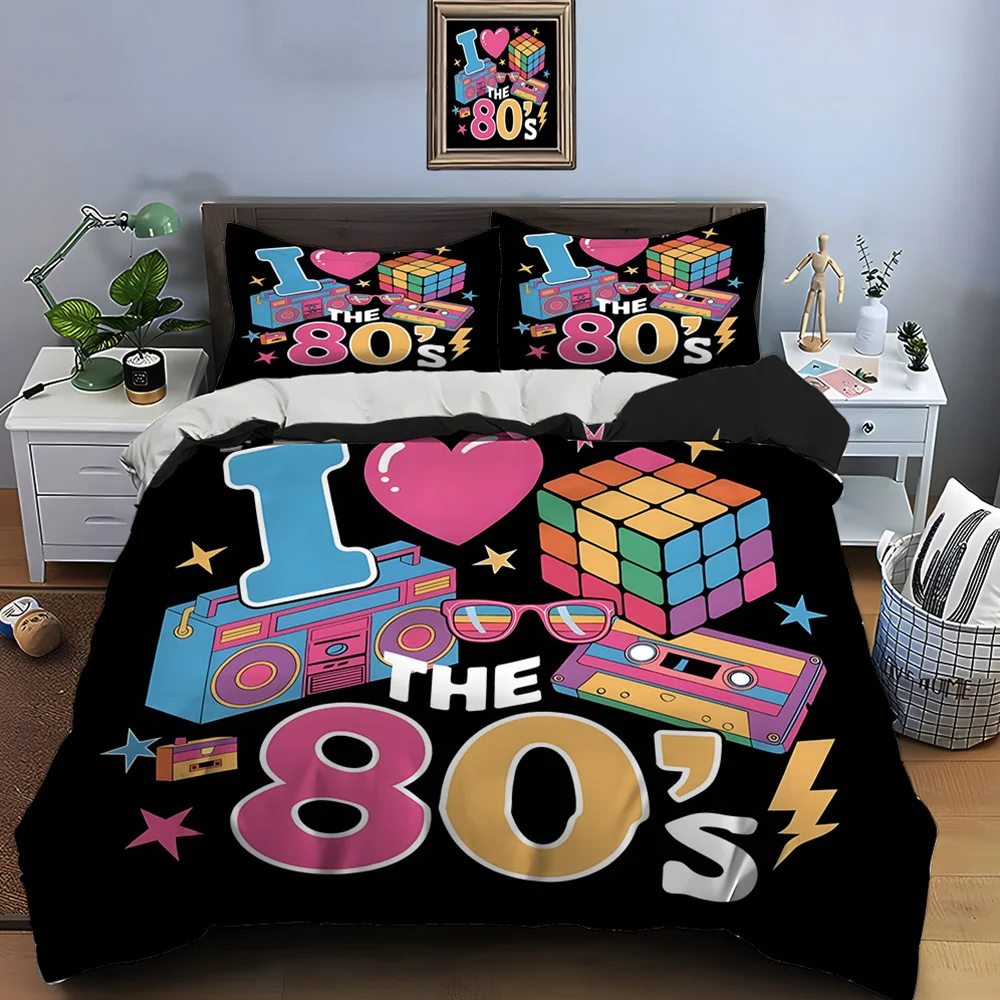 

Retro 80s element design Bedding Set for Kids Luxury Gift 3pcs Digital Print Comforter Set Soft Comfortable Breathable