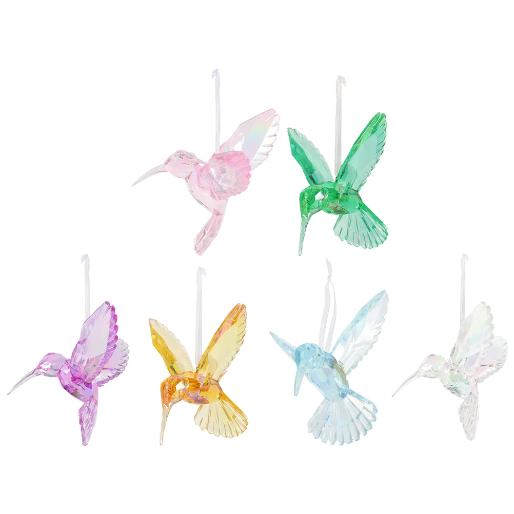 6 Pcs Crystal Bird Pendant Pink Hummingbird Ornament Acrylic Birds Glass White Home Flying Decor Pendants Iridescent Delicate