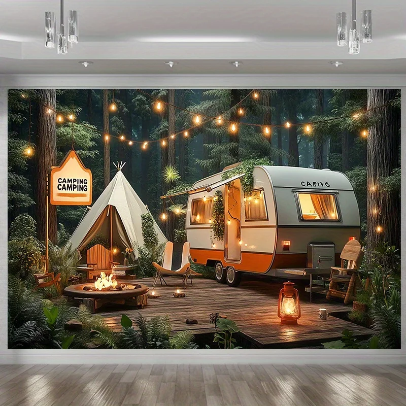 1, 2D-Banner, Campingwald, Campingplatz und Wohnmobil, geeignet für Geburtstage, Festivals, Partys, mehrere Größen zur Auswahl