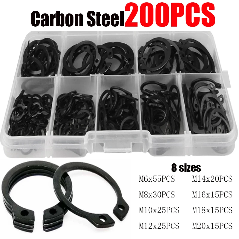 200Pcs M6 M8 M10 M12 M14 M16 M18 M20 Carbon Steel C-clip Washers Internal External Retaining Circlips Snap Retaining Ring