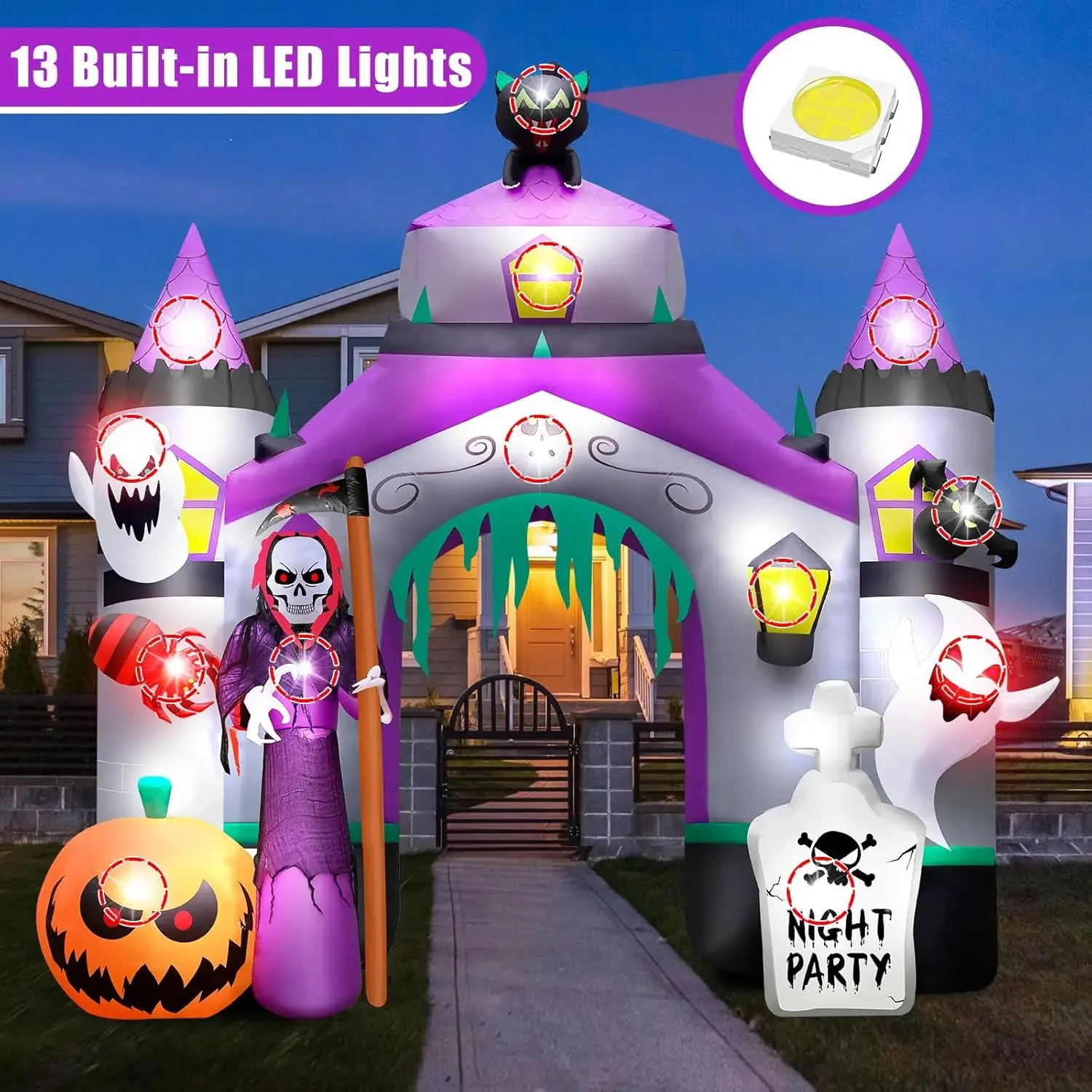 Castillo inflable de Halloween, decoración duradera para exteriores con ventilador de inflado rápido, luces de colores, 12,5 pies