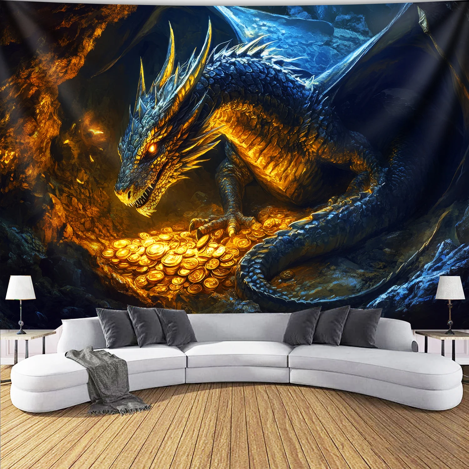 1pc Extra Large Fantasy Dragon Tapestry Epic Blue Golden Dragon Wall Hanging With Treasure Hoard Large Mythical Creature