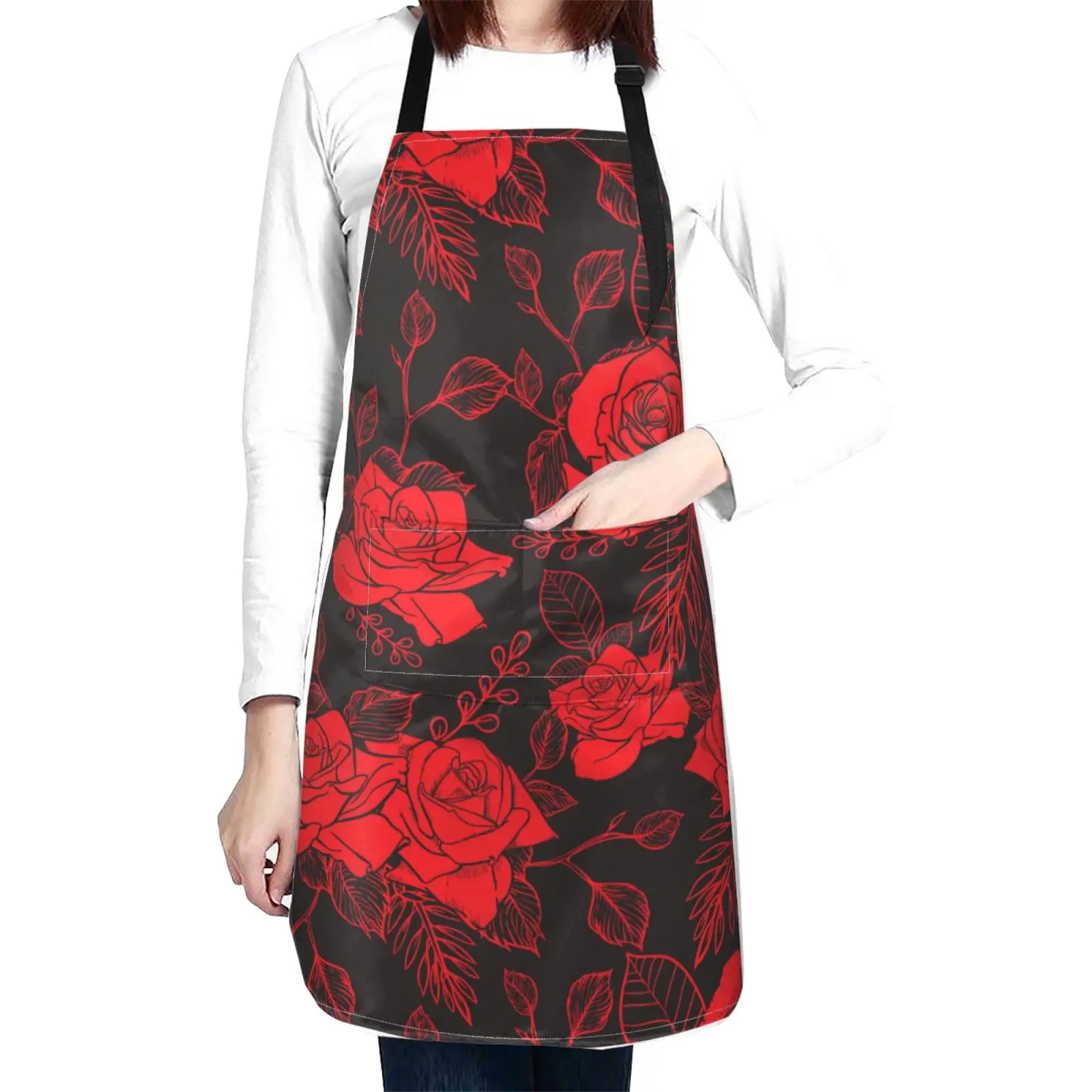 

Rose Flowers Waterproof Apron With 2 Pockets Floral Pattern Kitchen Chef Aprons Bibs For Cooking Baking Painting Gardening