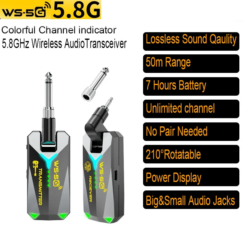 

5.8G Wireless Guitar Transmitter Receiver Guitar System 48K/24bit Real-time Transmission 210 Degree Rotatable Plug for Guitars