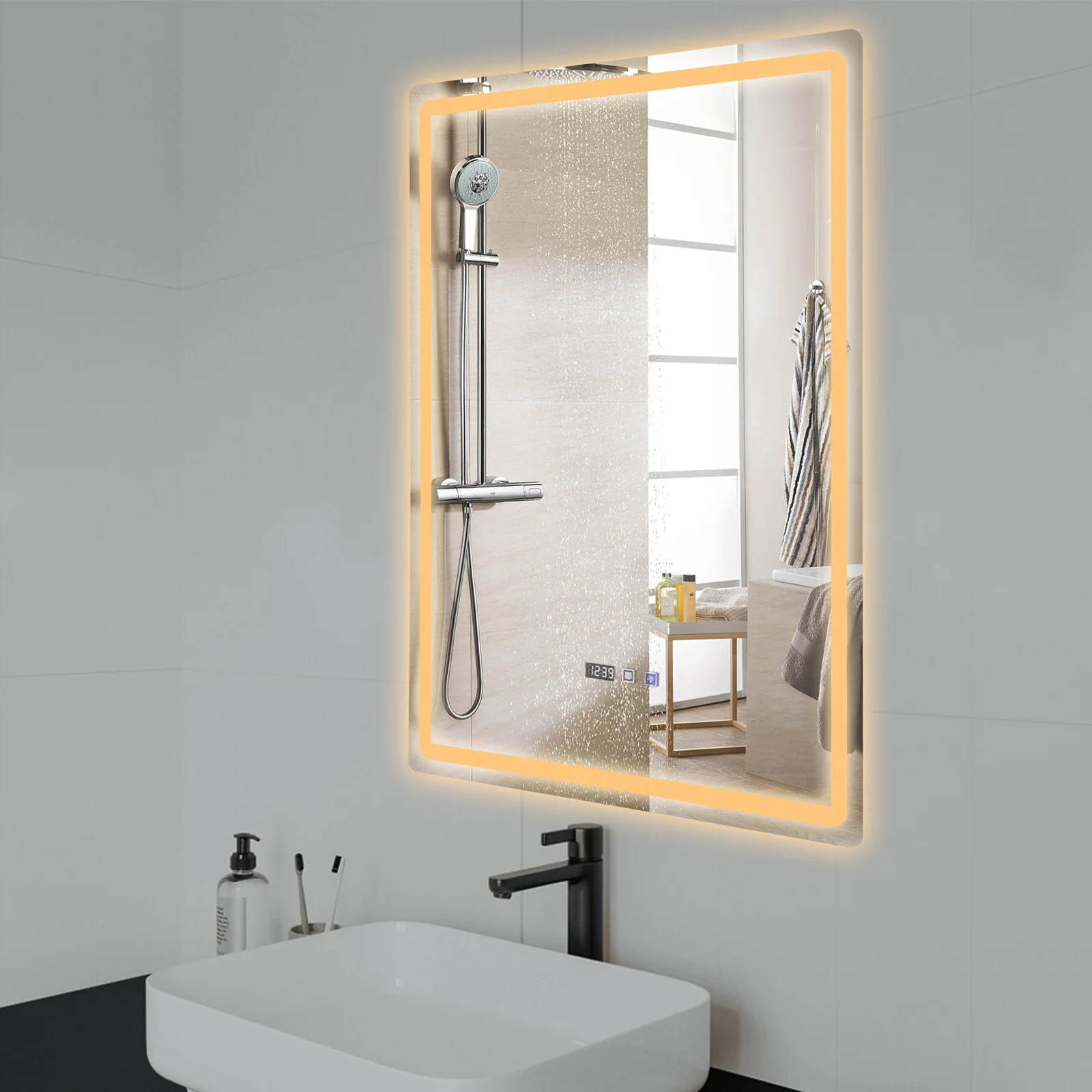 27.56*35.43 Inch LED Dimmable Bathroom Mirror Fast Defogging IP54 Waterproof Smart Memory Function Temperature Time Display