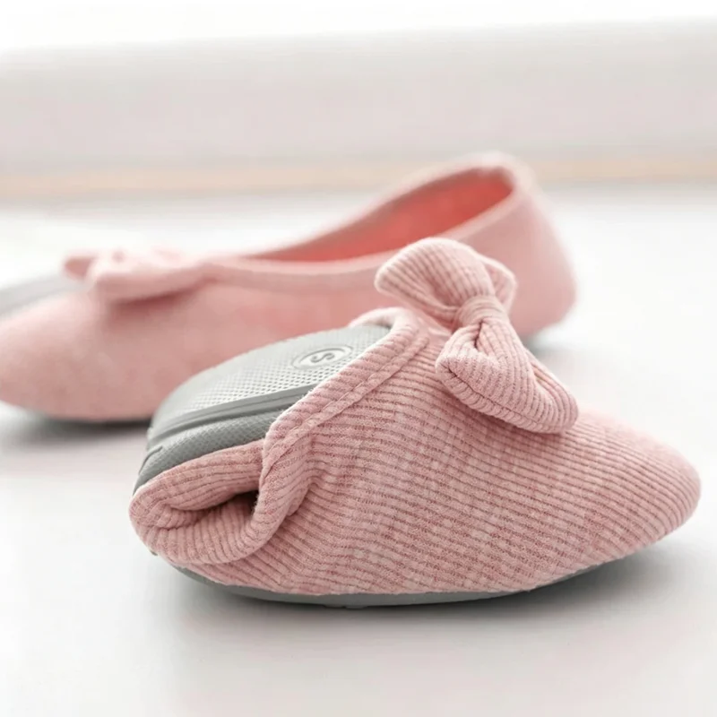Lovely Bowtie Autumn Women Home Slippers For Indoor Bedroom Soft Bottom Cotton Warm Shoes Adult Guests Flats Non-Sip Girl Shoes