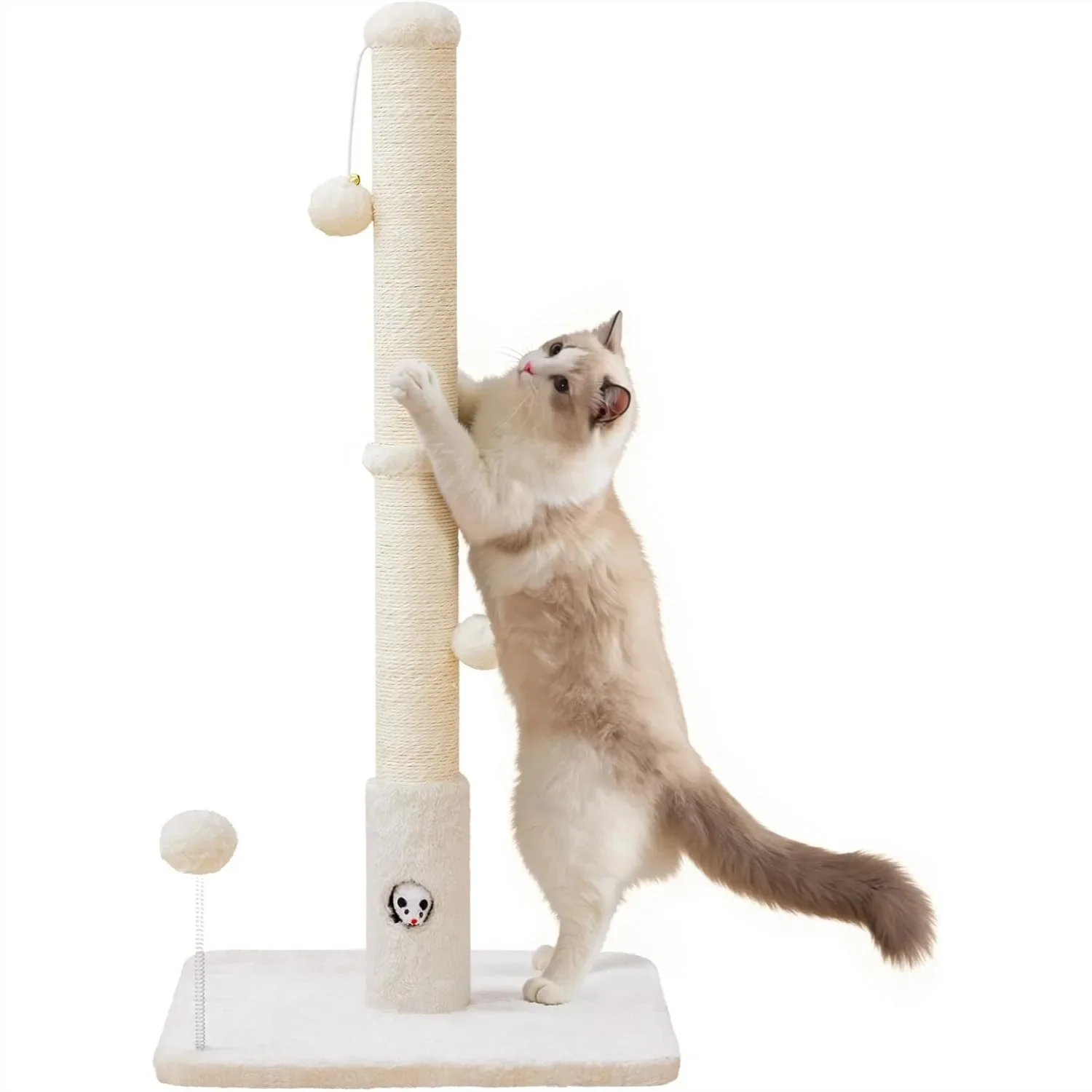 

Cat Scratching Post for Tall Cats, 33" Sisal Rope Scratcher with Soft Fabric Base and Fun Mouse Hole Toy, Durable and