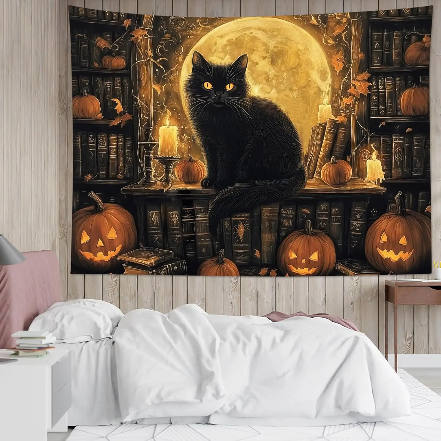 هالوين القط الأسود نسيج السحرية خمر رف الكتب اليقطين البدر نسيج لغرفة النوم مخيف القوطية جدار ديكور فني ل #3