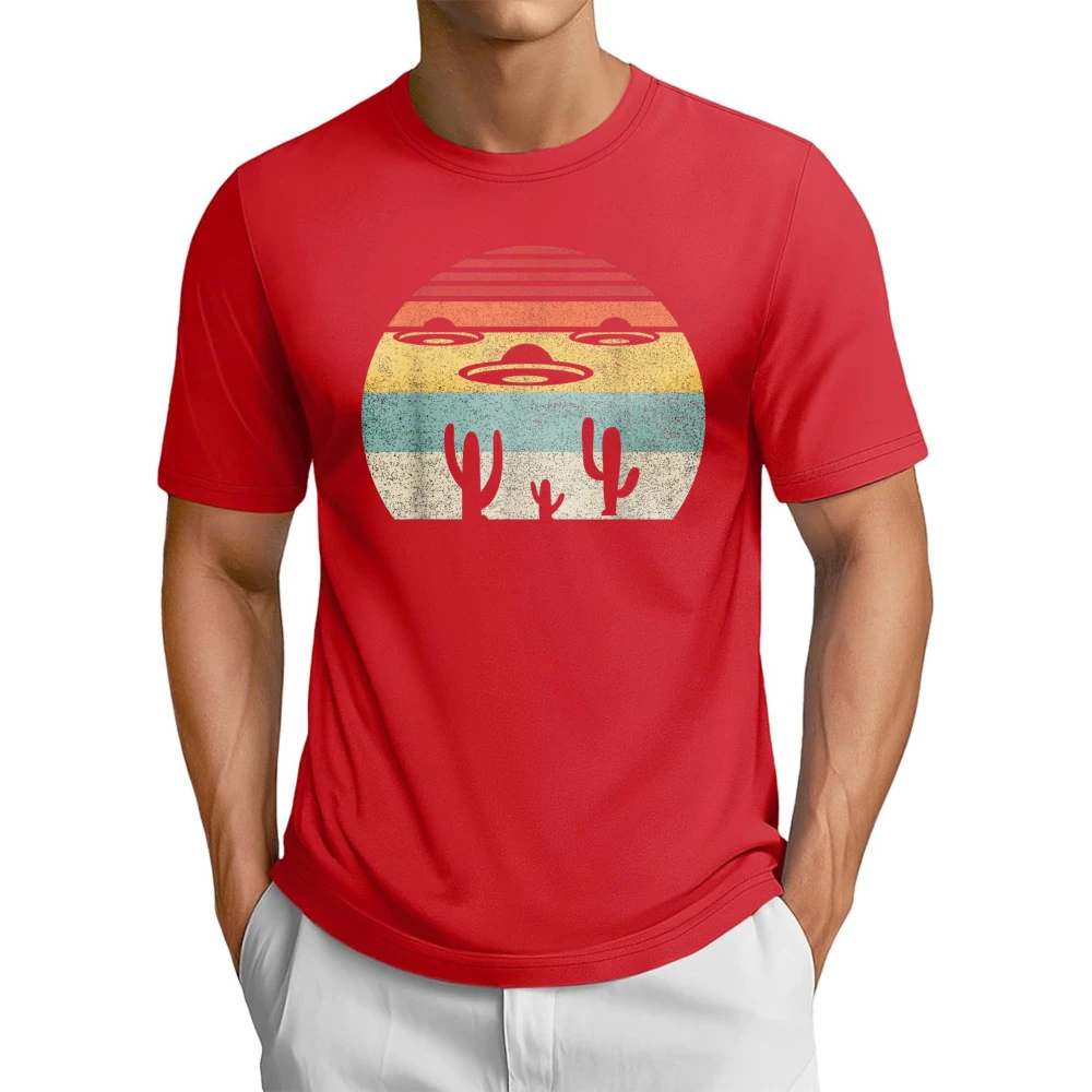 Vintage UFO Alien Abduction Desert Graphic Printed T-Shirt Cotton Summer Short Sleeve Casual Fashion Man Women Clothing