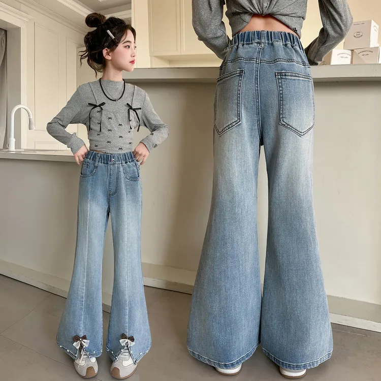 Kids New Style Split Cuffs Flared Jeans with Bow for Teens Girls Stylish Boot Cut Denim Pants Children Slim Fit Bootcut Trousers