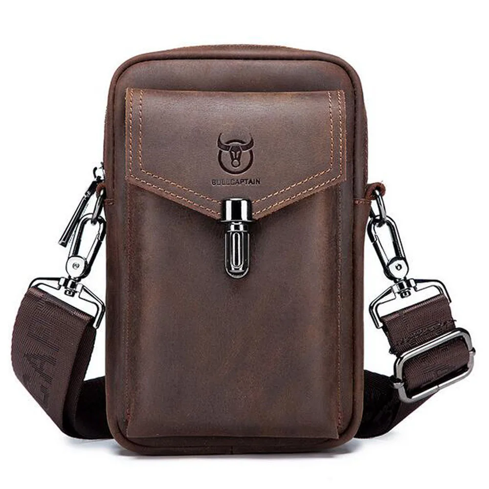 Imagem -03 - Bolsa de Cintura Masculina Bullcapitão Bolsa de Couro de Cavalo Louco Polegadas para Celular Bolsa Mensageiro de Ombro