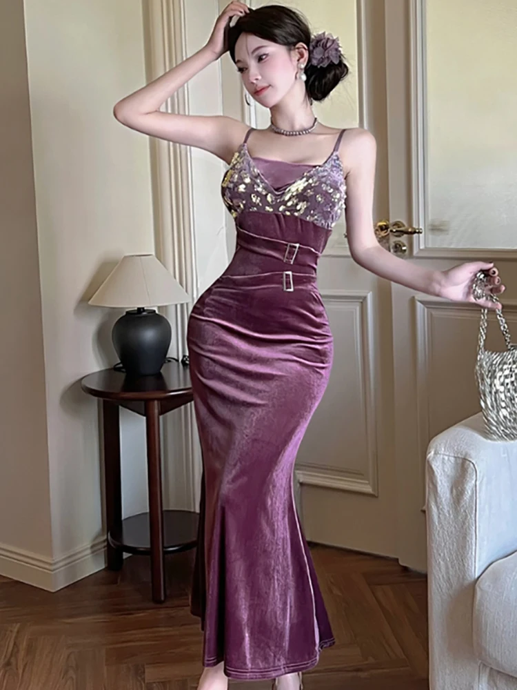 الصيف الأرجواني الساتان المرقعة الترتر مثير فستان بكتافة المرأة أنيقة فاخرة فستان طويل 2025 الكورية خمر Bodycon مساء فستان #1