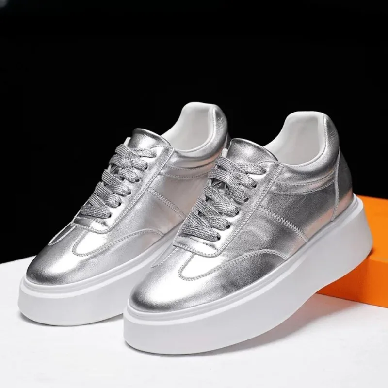 Women Thick Sole Casual Elevator Shoes Silver Genuine Leather Hidden Heel Platform Sneakers Casual Chunky Shoes