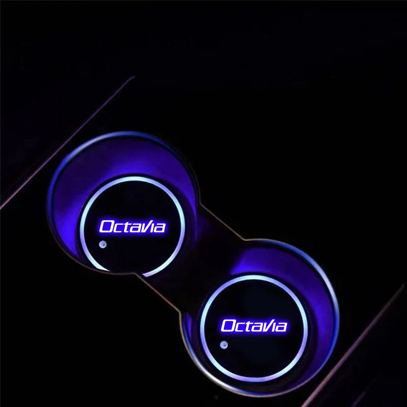 LED Car Water Cup Mat For Skoda VRS Fabia Octavia Yeti Superb Scala Kamiq Kodiaq Rapib Citigo Auto Decorative Atmosphere Lights