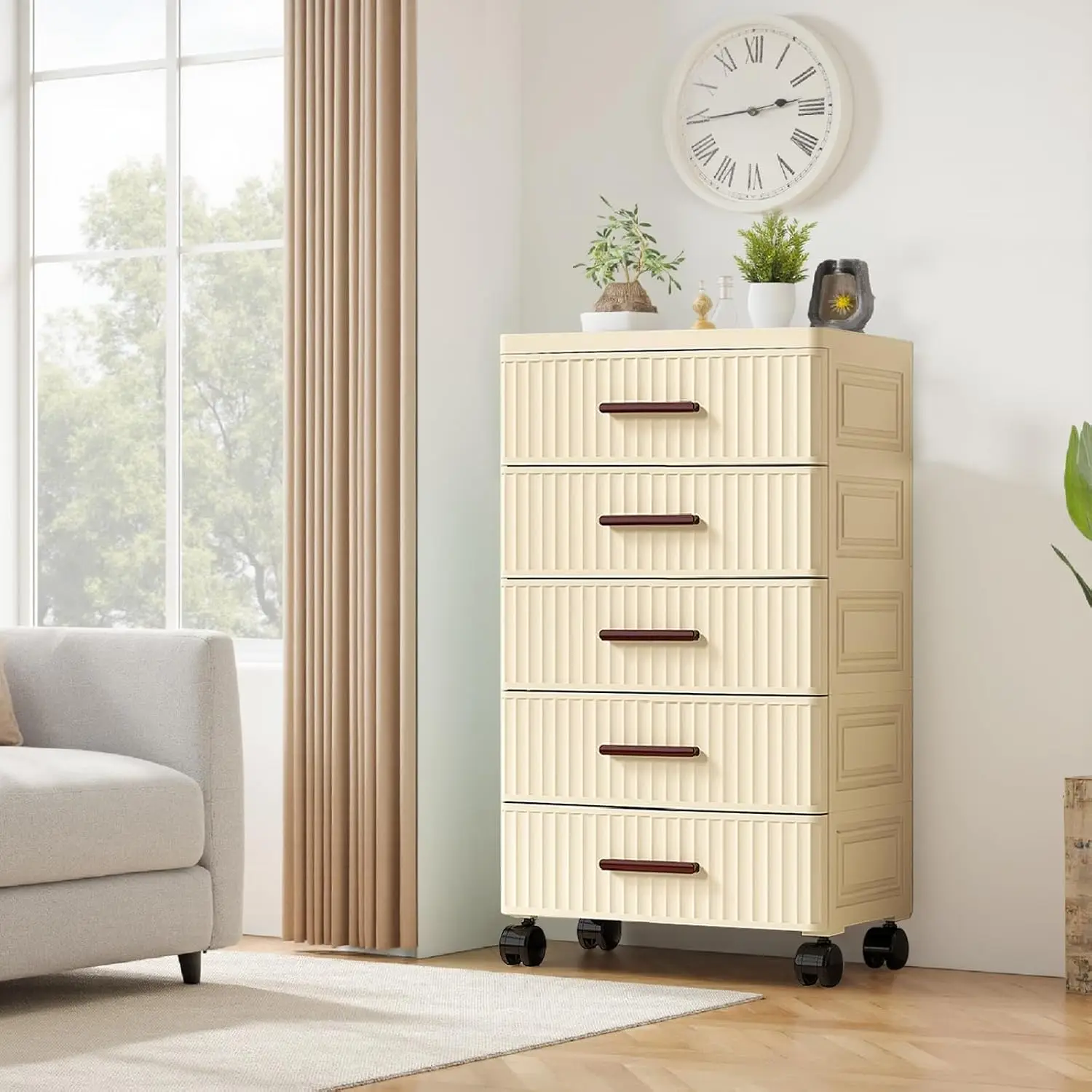 5-Drawer Storage Dresser Tower, Plastic Rolling Cabinet with Wheels, Freestanding Nightstand Side Table for Bedroom, Living Room, Office, Durable Modern Organizer Unit with Ample Storage Space