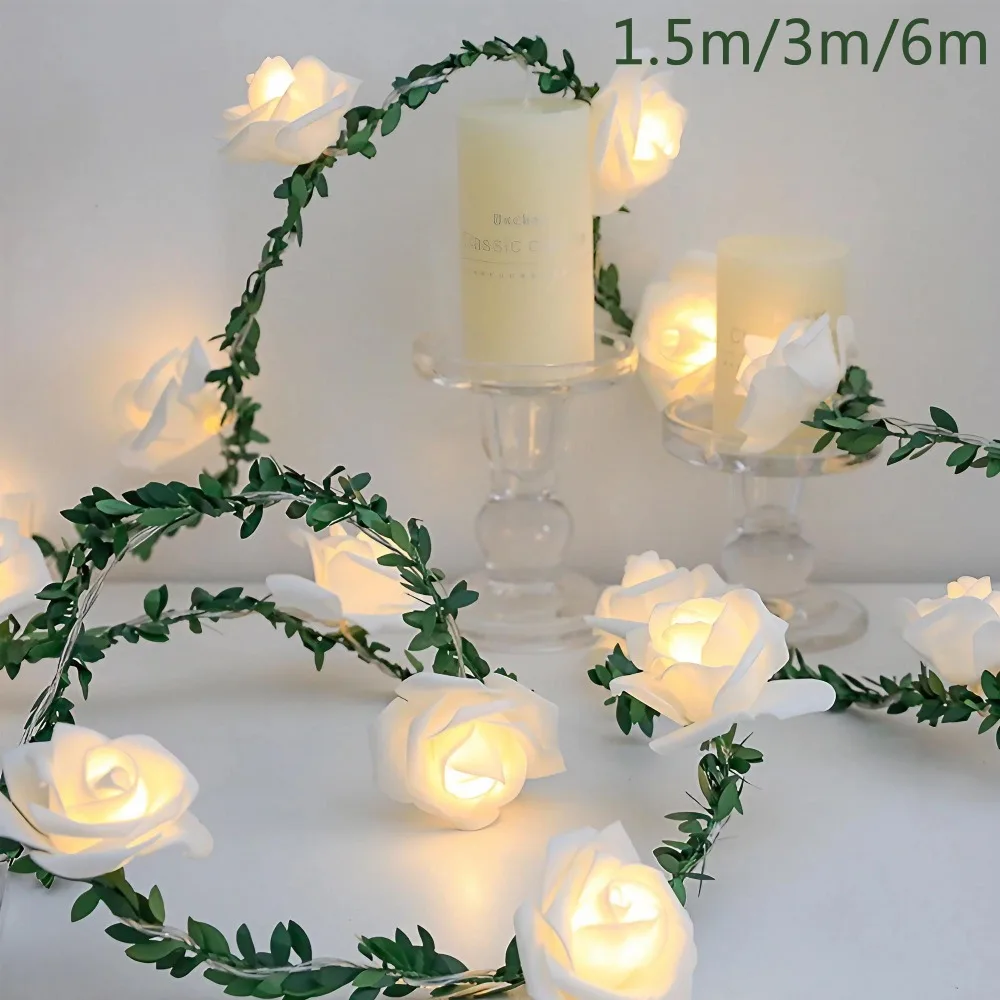 JJYY 1.5M/3M/6M سلسلة أضواء الجنية الوردية، أضواء الجنية الداخلية زهرة الورد زينة الزفاف في عيد الحب، تعمل بالبطارية