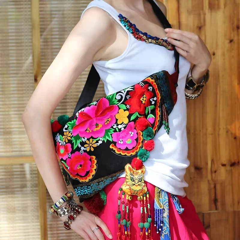 

Original ethnic embroidery women bags Vintage tassel canvas chest bag fashion beaded travel messenger bag for women