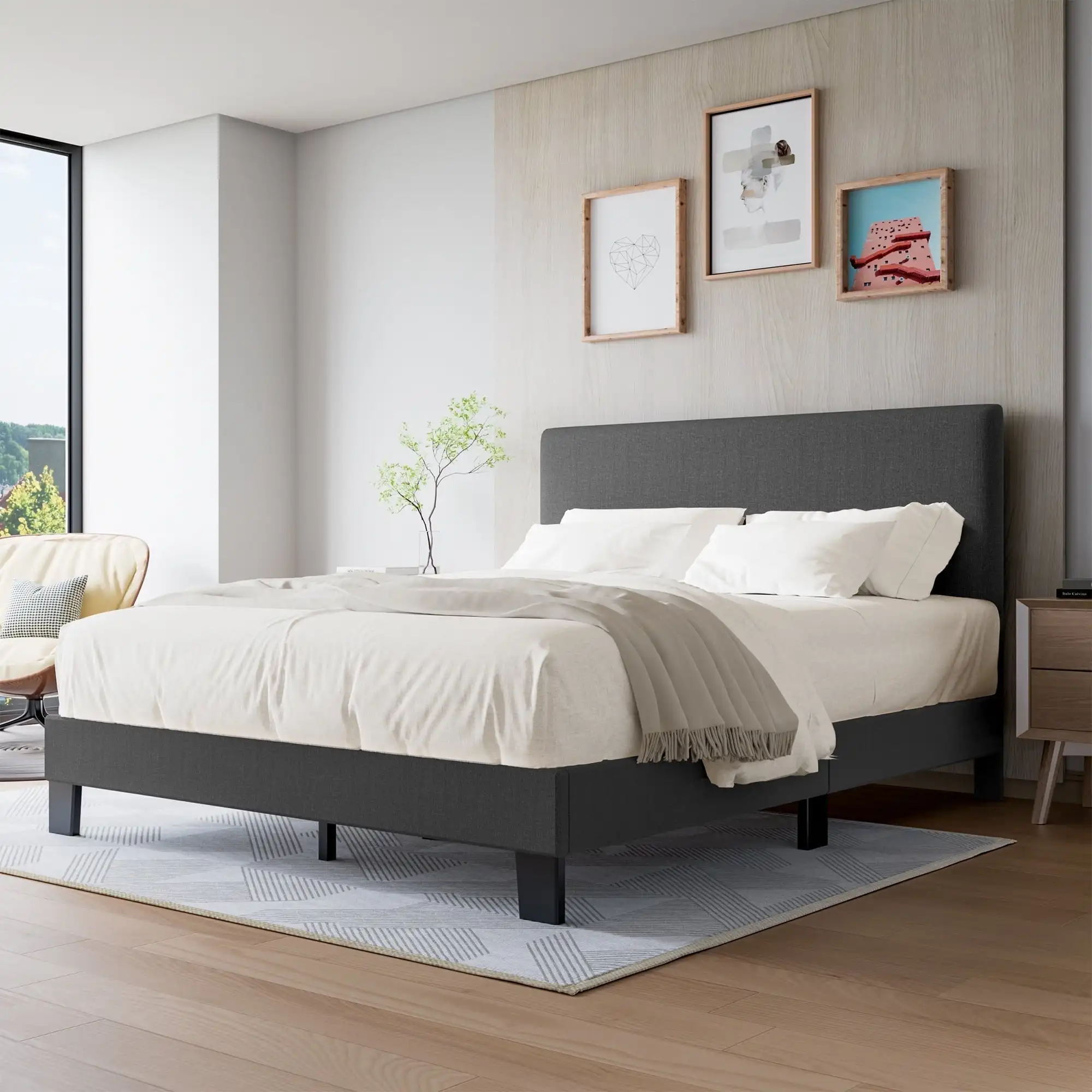 Full Size Dark Gray Bed Frame with Adjustable Headboard Fabric Upholstered Platform Bed Frame Sturdy Structure