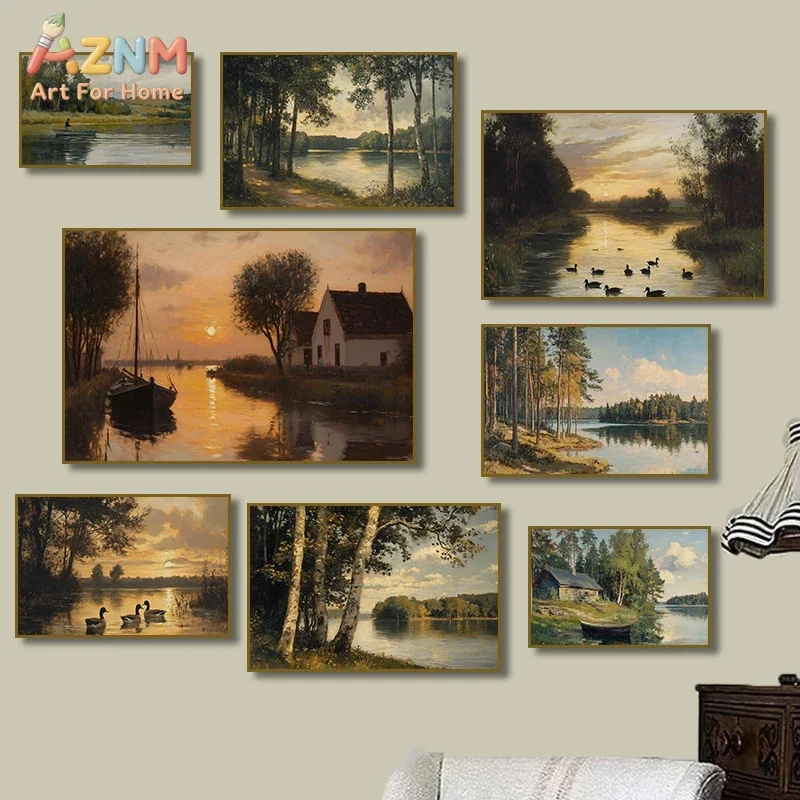 Vintage Winter Sunset Woodland Lake House Riverscape Rustic  Landscape Painting Canvas Poster Cottage Cozy Living Room Decor