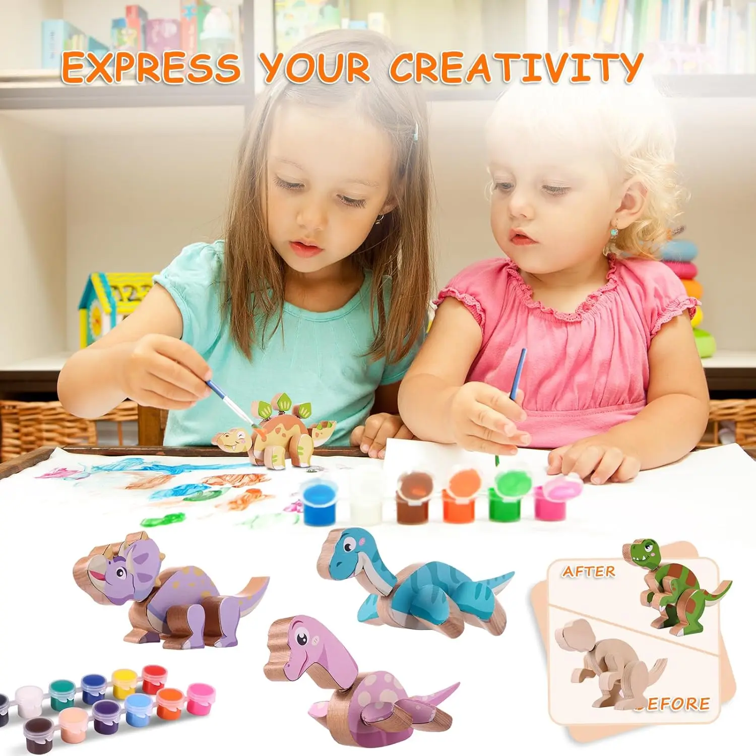 Blocs de construction en bois à connexion instantanée, jouets dinosaures pour enfants de 3 à 5 ans, Kit d'artisanat de construction et de peinture avec peintures, 45 pièces pour enfants