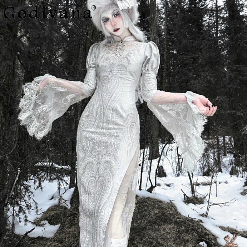 

Original Christmas Lolita Party Dress Womens Gothic High Waist Jacquard Velvet Halloween Dress Female Carnival Cheongsam Dress