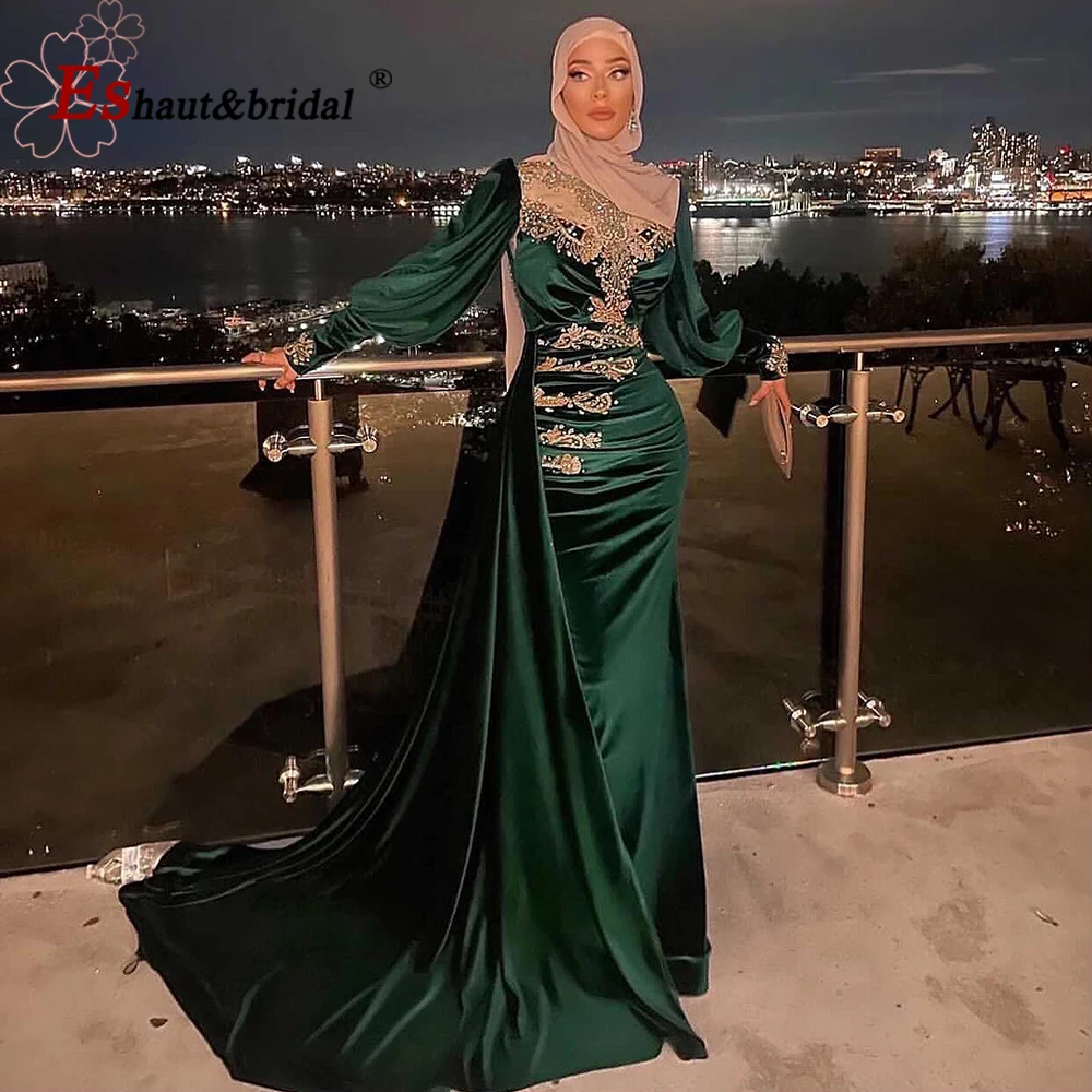 Elegant Emerald สีเขียว Muslin Evening Night ชุดผู้หญิง2022 O คอยาวแขน Mermaid อย่างเป็นทางการพรหม Gowns งานแต่งงาน