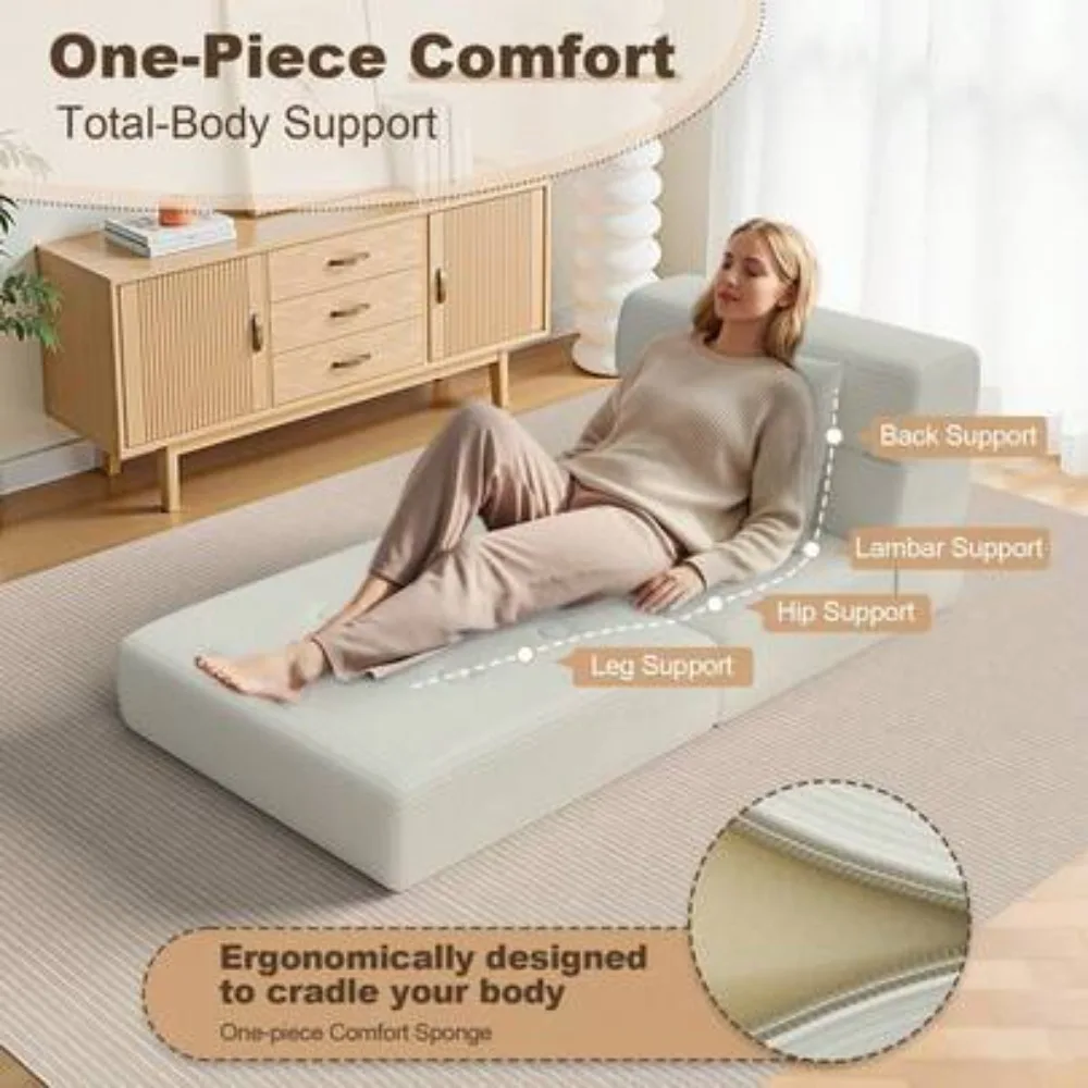 Folding Sofa Bed High Density Foam Sleeper Chair Convertible Chair Couch Bed with Pillow Corduroy Floor Futon for Living Room Office Apartment Dorm Adjustable 5 Position Queen Size Grey