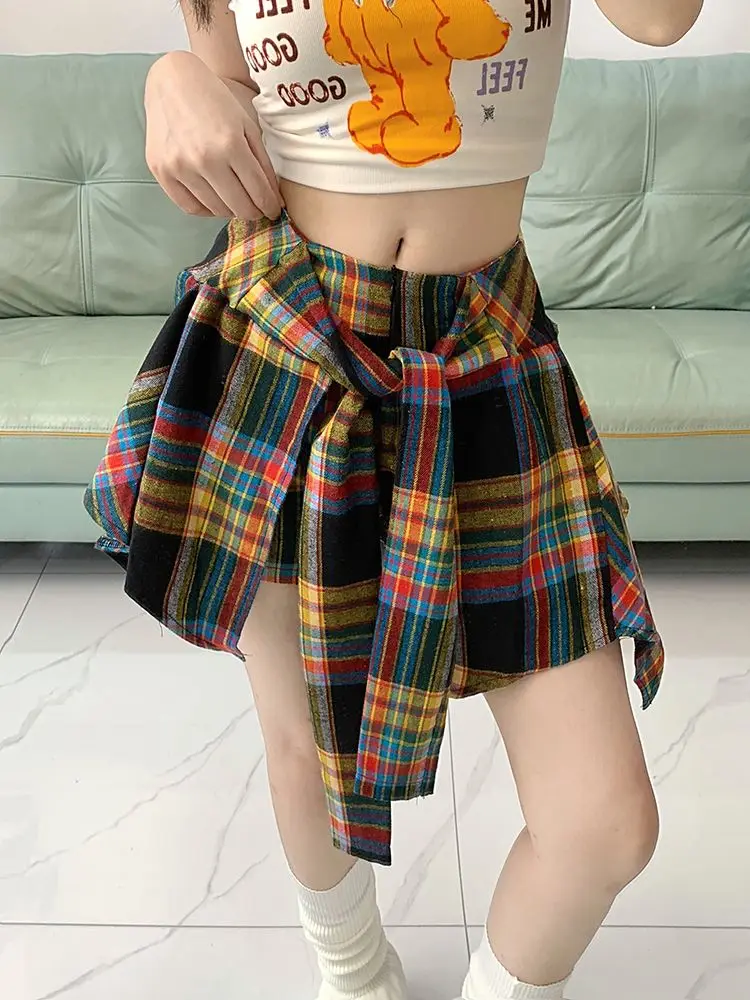 Grunge Design Unregelmäßige Plaid Halbkörper Rock Y2k Hohe Taille A-linie Hosen Rock Shorts Streetwear Frauen Kleidung Trend Mini Rock