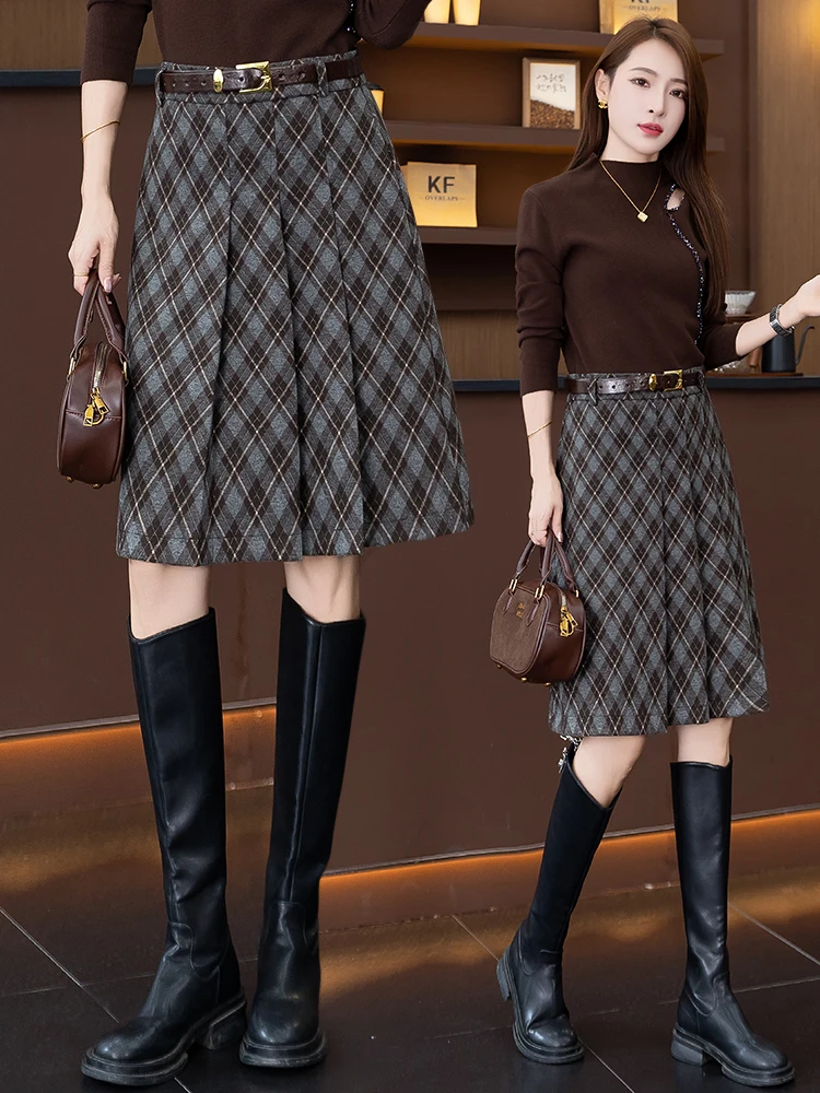

High Waist A-Line Woolen Plaid Skirt Women's Autumn Winter Slimming Pleated Midi Skirt Korean Style Commute Fashion
