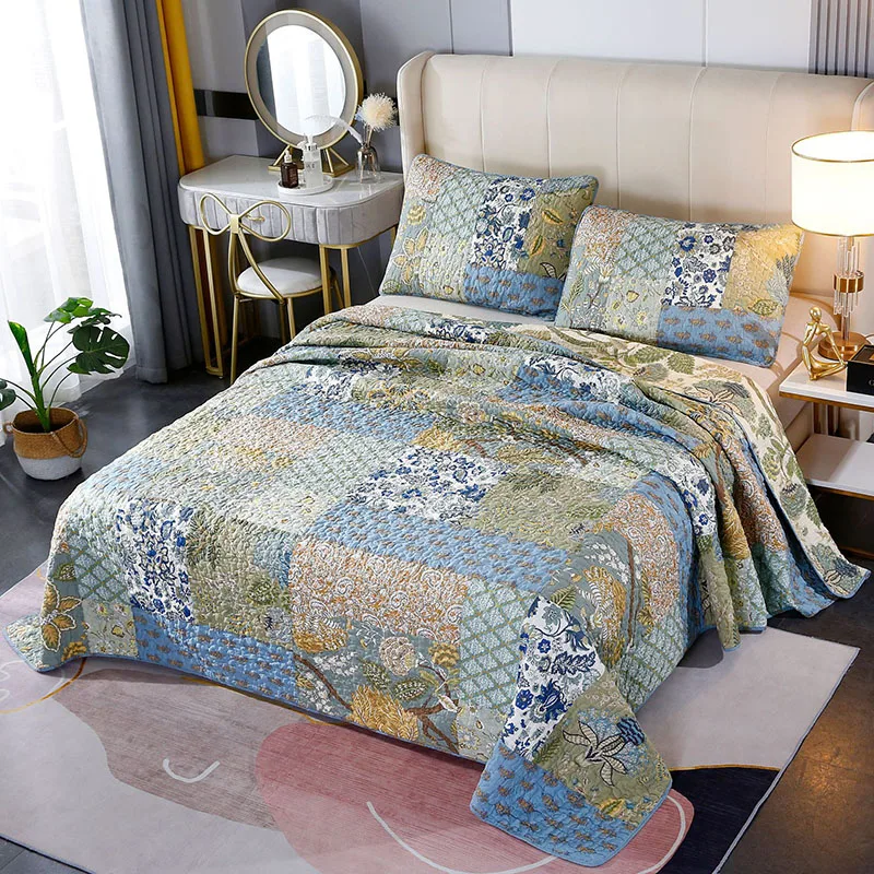 CHAUSUB Patchwork Cotton Quilt Set 3PCS Bedspread on the Bed Oversize Pastoral Quilted Comforter King Size Summer Coverlet