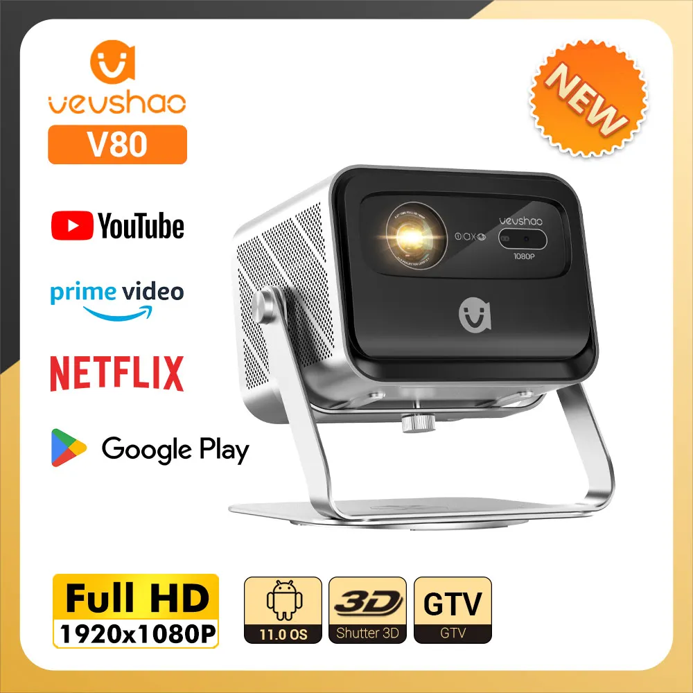 

VEVSHAO V80 Projector Full HD 1080P 2K 4K Video WiFi 6 Auto Focus Android 11.0 Home Cinema Smart Proyector with Base Stand