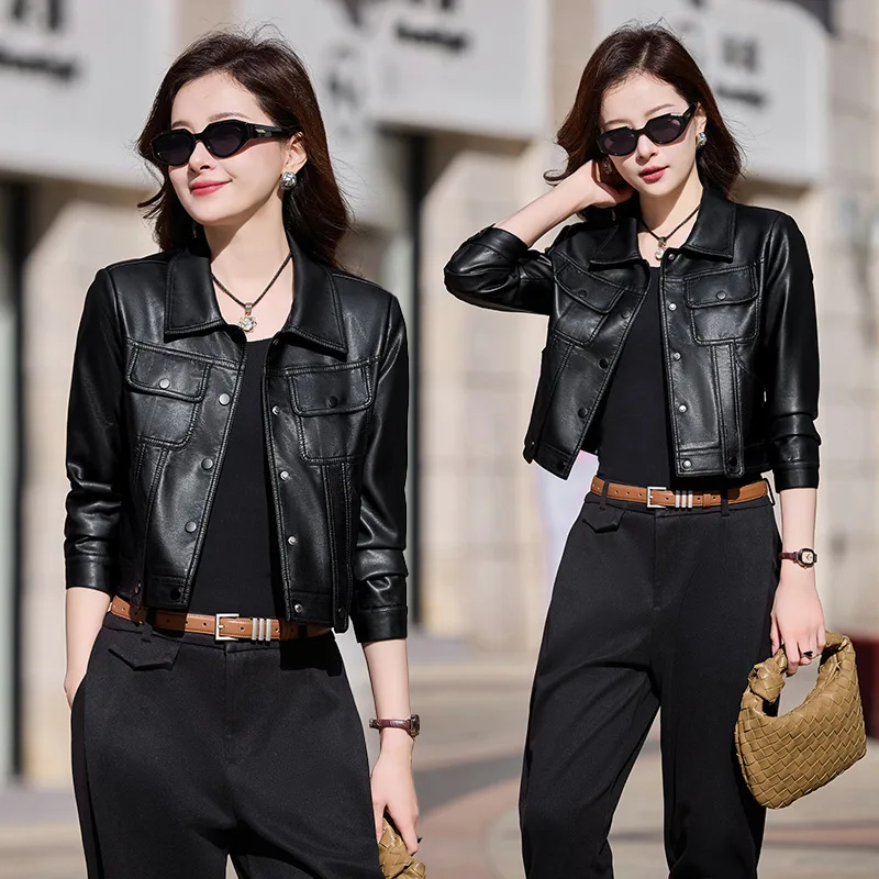 

Women's petite short leather jacket 2024 Spring and Autumn New Western style slim fit sheep leather motorcycle suit