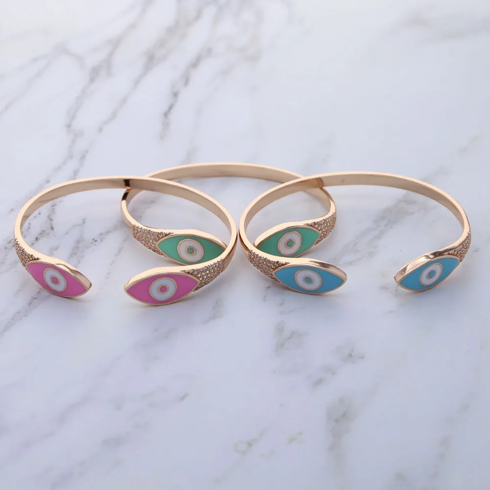 Turkish Evil Eye Pink Green Blue Enamel Cuff Bracelet for Women Paved White Cz Rose Gold Plated Color Bangles Fashion Jewelry