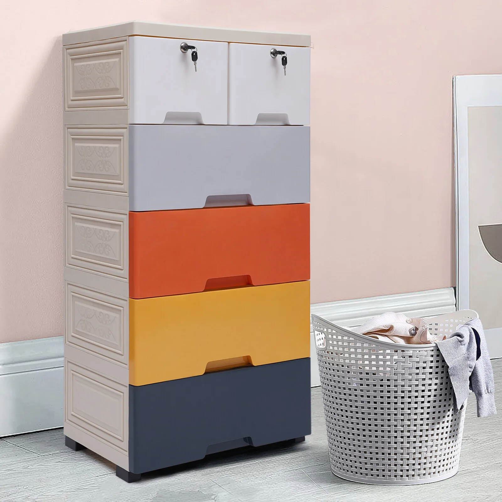 

5-Story 6-Drawer Large-capacity PP Locker Seamless Integrated Mo Landi Color Wardrobe With Lock Movable Storage Box With Rollers