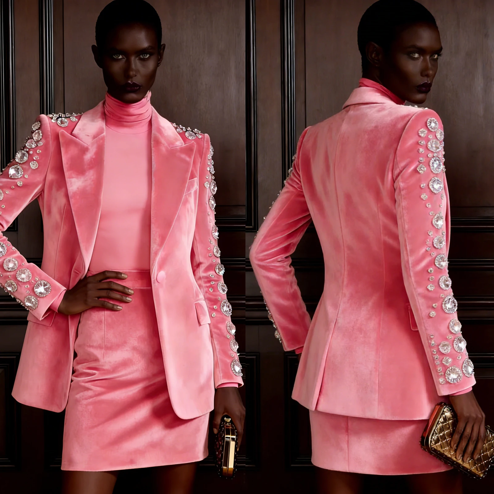 

Hot Pink Velvet Women Skirt Suits Slim Fit Crystal Blazer Jacket & Skirt Customized Winter Lady Wear Formal Evening Party Outfit