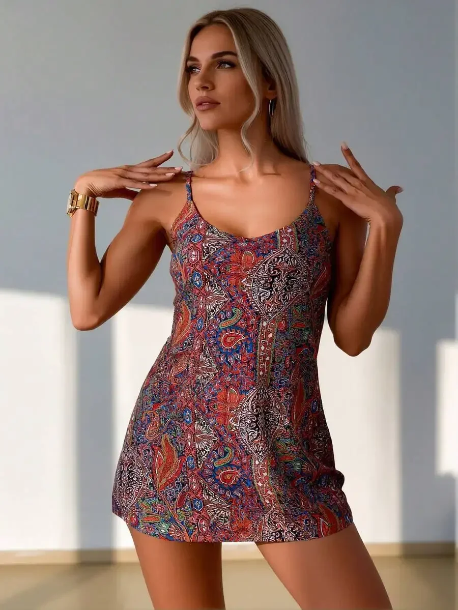 

Women Boho Vintage Paisley Floral Printed Spaghetti Strap U Neck Skort Swimsuit