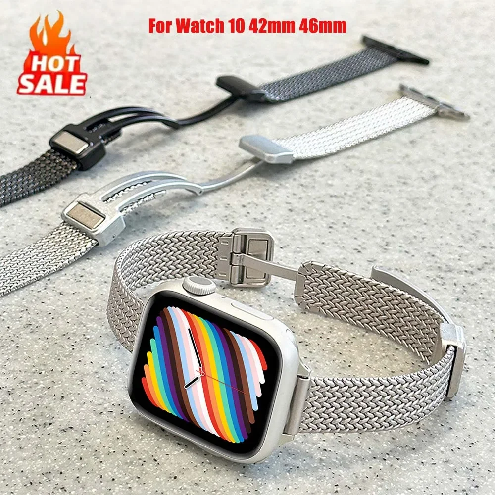 Faixa de laço dobrável magnética para apple watch 10 9 8 7 41 45 46mm pulseira de aço inoxidável feminina fina para iwatch se6 5 4 40 44 38 42mm