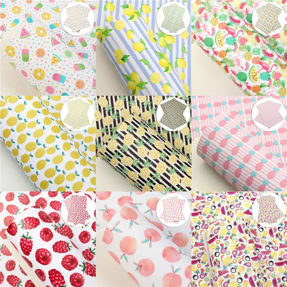 Fruit lemon Peach Pineapple Printed Smooth Faux Leather Sheets Synthetic Vinyl DIY Handbag Bows Supplies Making Material,1Yc9859