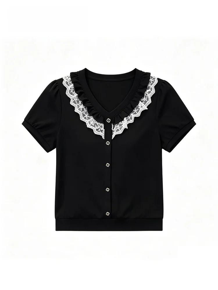 

CaraCLUB Large Size Short Sleeve T-Shirt Women Summer Fashion Lace Splice V-Neck Top French Style Polyester Fiber Single Piece