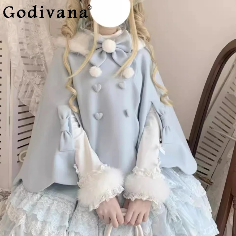 

Original Design Blue Kawaii Lolita Rabbit Ear Capes Autumn and Winter Soft Girls Sweet Cute Bow Double Breasted Jacket Cloak