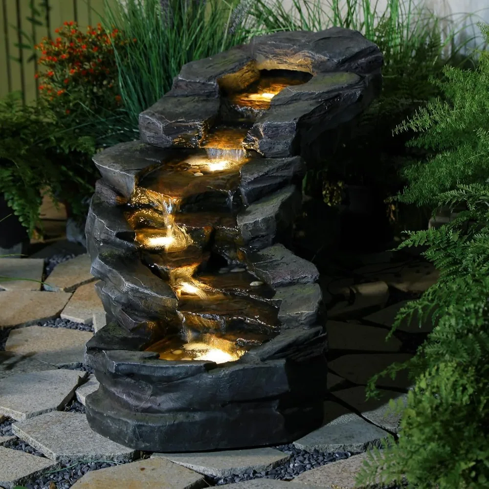 

Water Fountain Outdoor 5-Tiers Rock Natural Waterfall Fountains Floor Standing Water Features with LED Lights for Garden, Patio