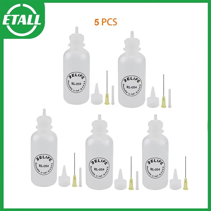 5pcs RL-054 50ML Empty Plastic Bottle Phone Repair Squeeze Bottle for Alcohol Soldering Flux Rosin Dispenser With Needle